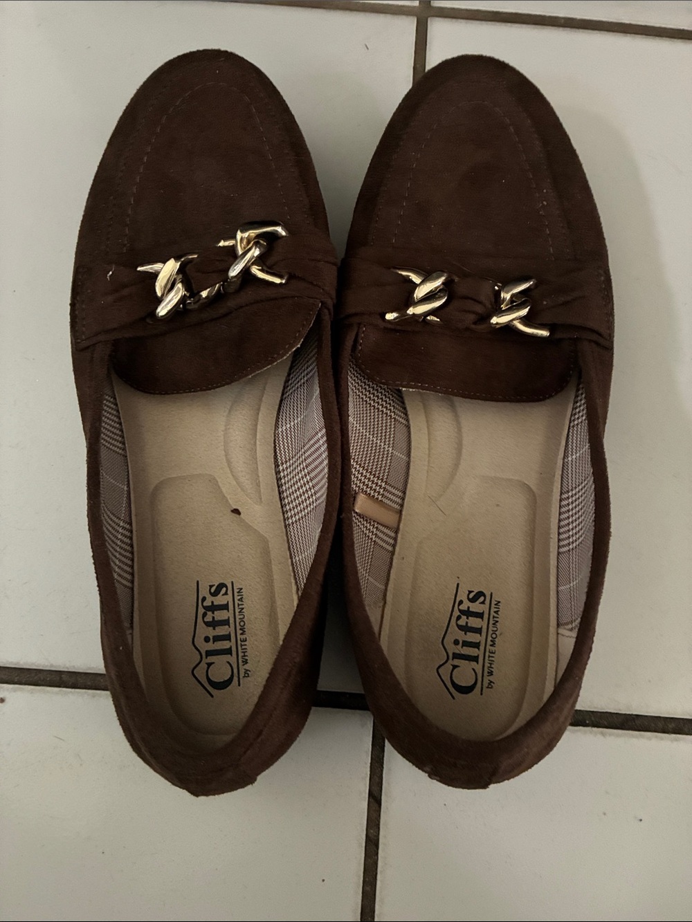 Cliffs by WHITE MOUNTAIN Brown Suede Loafers with Gold Chain Accent